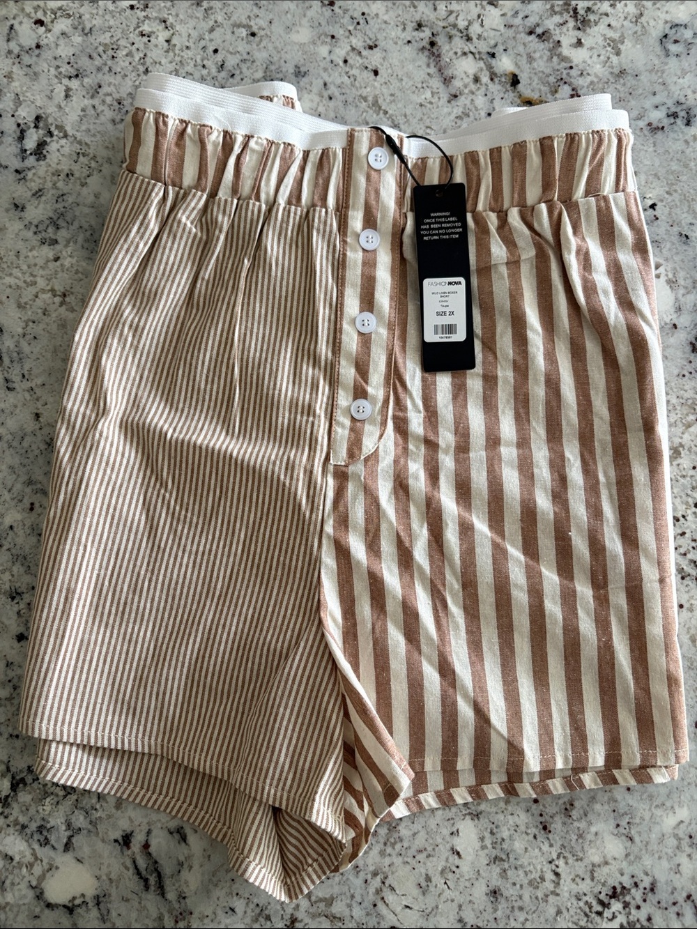 Fashion Nova High-Waist Striped Button Front Shorts - Tan & White